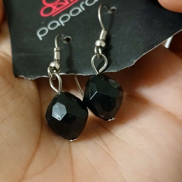 Paparazzi Black Beaded Faceted Sphere Dangle Drop Earrings - Picture 5 of 7